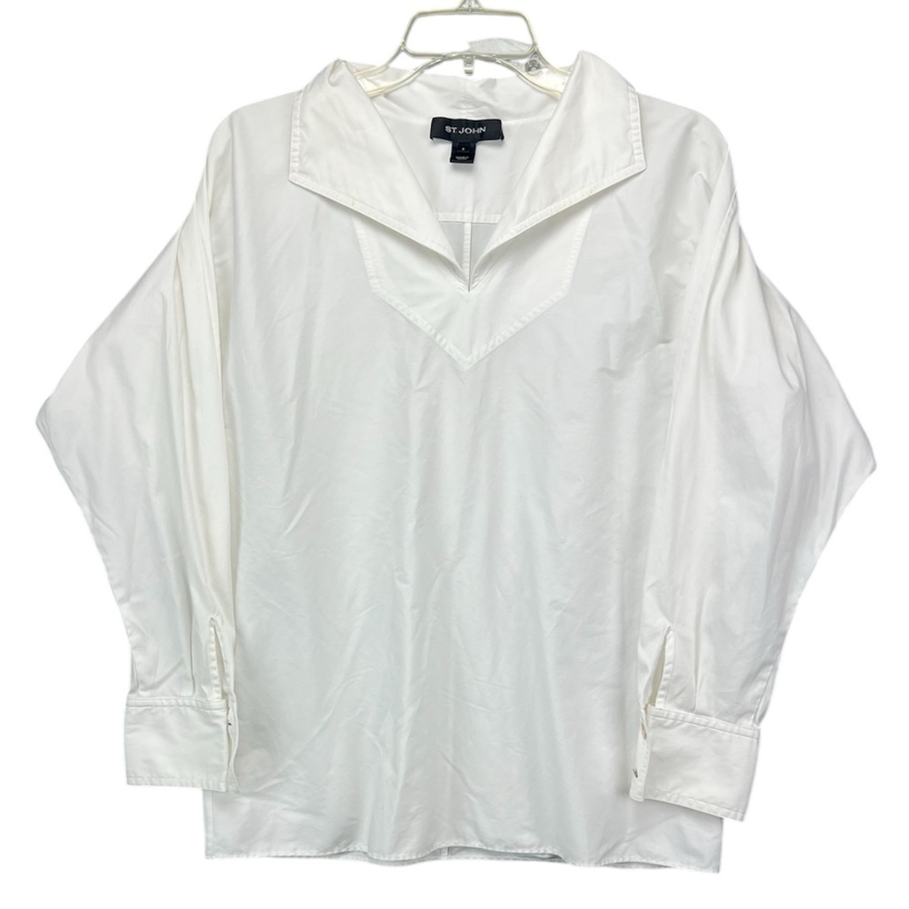 St. John Collared White Dress Shirt V Neck Long Sleeve Stretch Top Women’s 6